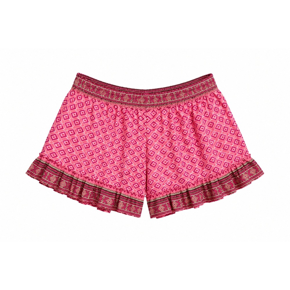 India Boutique Ruffle Shorts Womens One Size Pink Good Boho Ikat Print Free Size
